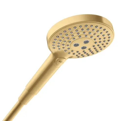 Handbrause in brushed gold Optik mit mehreren Düsen von AXOR, rundes Design mit gleichmäßiger Verteilung der Wasserstrahlen.